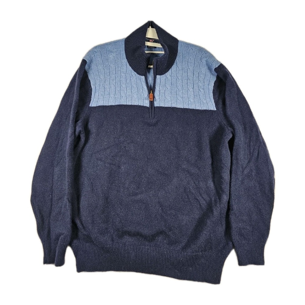 Vineyard Vines 100% Cashmere Quarter Zip Sweater‎ Mens XL Blue Cable Knit Whale